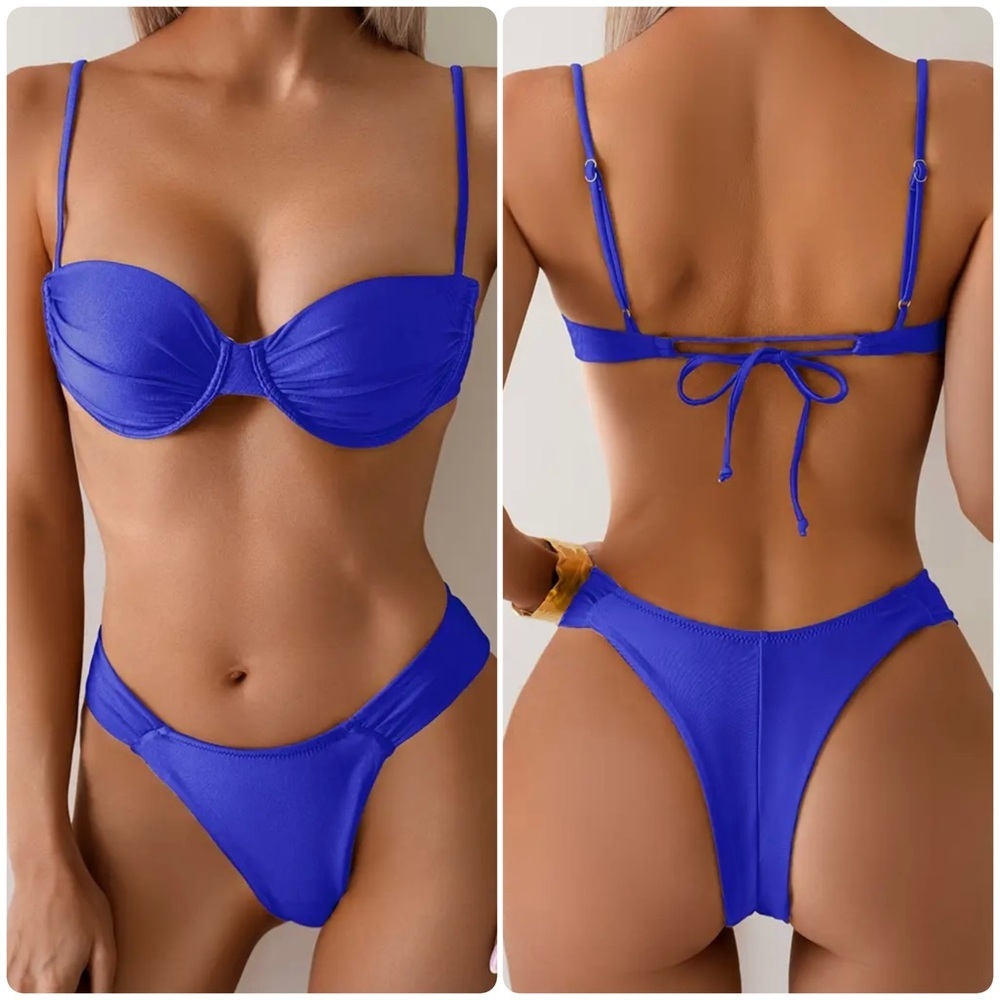 Blue Underwire High Cut Thong Bikini Set